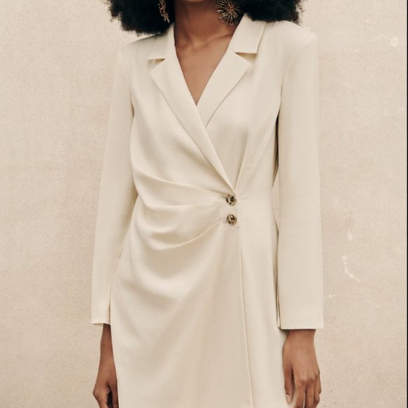 NEW ZARA LINEN BLEND BLAZER DRESS PLEAT BEIGE OFF WHITE IVORY 7875/939 SZ S - Picture 4 of 15